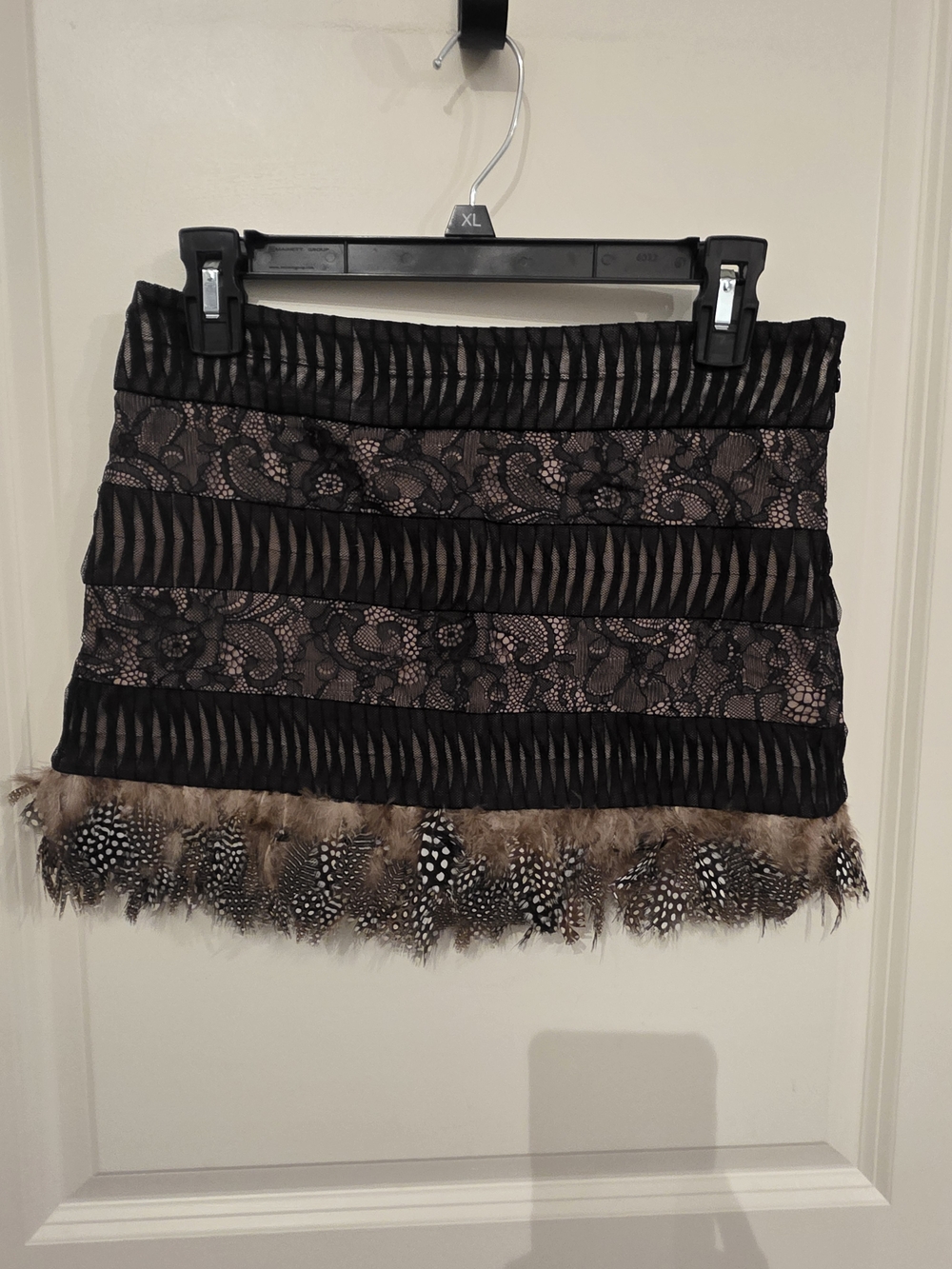 BEBE Black Lace & Feather Trim Mini Skirt